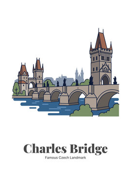 Charles Bridge in Prague Czech Republic - Flat Vector Poster Illustration of Famous Landmark with Old Town Bridge Tower and Vltava River