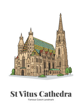 St. Vitus Cathedral Czech Republic Landmark Flat Vector Poster Illustration