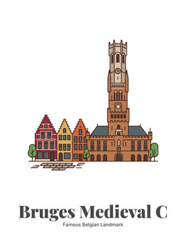 Bruges Medieval Cityscape Flat Vector Poster Illustration of Famous Belgian Landmark with Historic Architecture