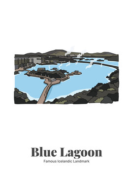 Blue Lagoon Iceland Flat Vector Poster Illustration of Famous Geothermal Spa Landmark