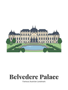 Belvedere Palace Vienna Austria Flat Vector Poster Illustration of Famous Landmark