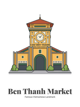 Ben Thanh Market Vietnamese Landmark Flat Vector Poster Illustration