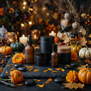Black makeup palette surrounded by autumn flowers and candles