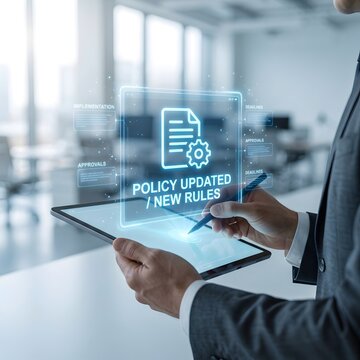 Business professional using a tablet to manage policy updates and new corporate rules