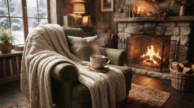 Armchair with blanket and mug beside fireplace in rustic cabin living room