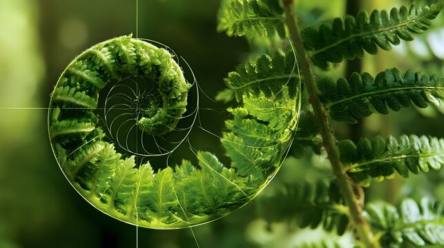 Fern fronds unfolding geometry beneath clean natural daylight premium botanical mathematics commercial composition