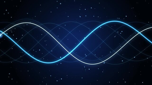 Seamless looping neon blue and white sine waves flowing through a dark starry particle background