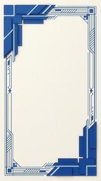 Bold blue geometric art deco style border with layered corner elements geometric architectural template background ornamental