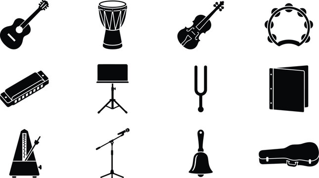 Set of musical instruments and equipment icons including guitar violin drum harmonica microphone and music stand vector illustration collection