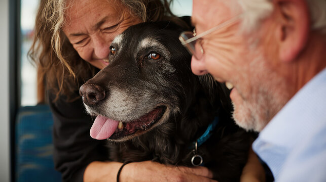 Couple in glasses leaning in to hug an old black dog with a greying muzzle and lolling tongue at the vet. Senior dog care, veterinary visit and pet insurance