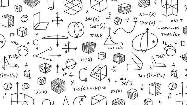 A pattern of hand-drawn mathematical formulas, geometric shapes, cubes, and trigonometric functions on a plain white background, for education