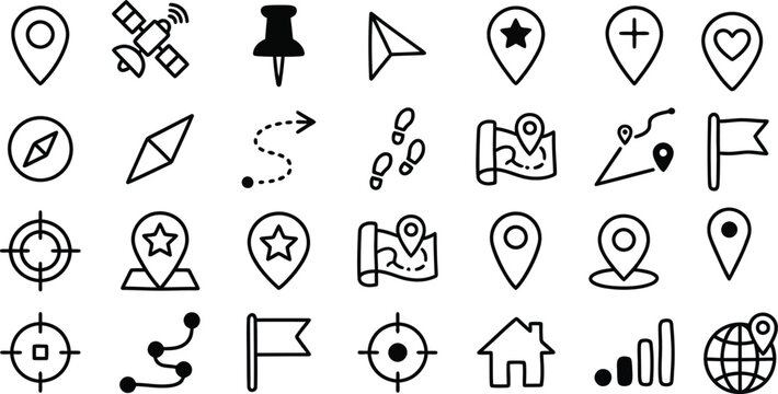 Doodle location pin. Sketch local icons. Hand drawn pencil address coordinate symbols, chalk digital map pinpoint, GPS tag, place marker, journey point. Vector set