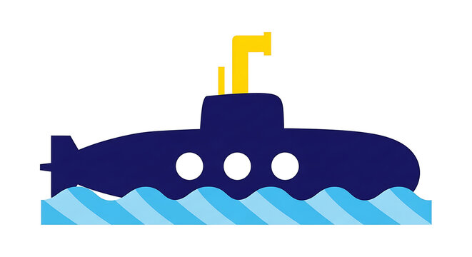 Vessel Water Sea Flat Vector Illustration of a Dark Blue Submarine with a Yellow Periscope Floating on Stylized Blue Ocean Waves Isolated on