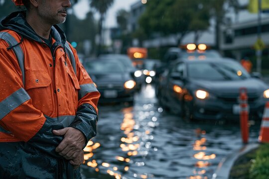 Municipal worker redirecting traffic on flooded urban street after heavy rainfall