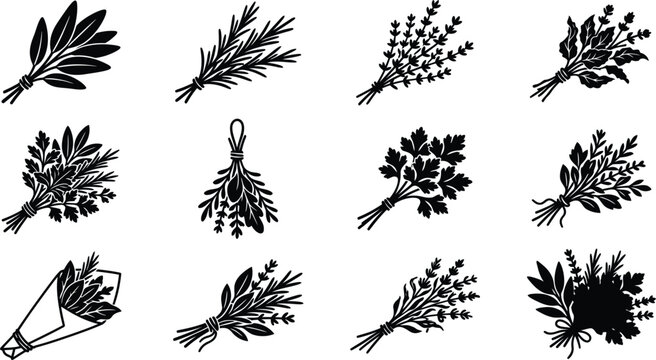Set of black silhouette icons of fresh culinary herbs and aromatic plants bundles for cooking and organic food design