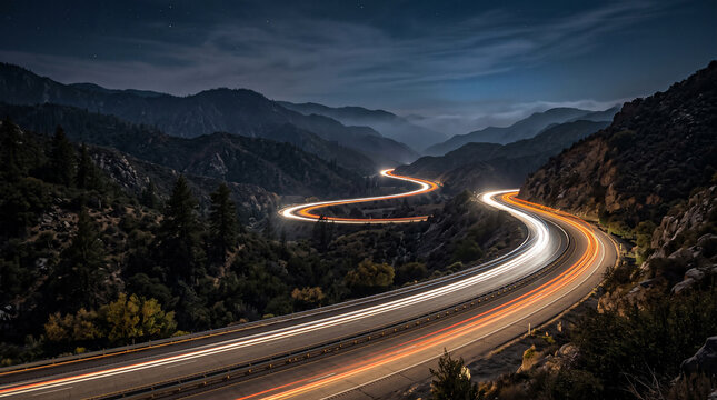 Night time long exposure shot of a winding mountain road with light trails