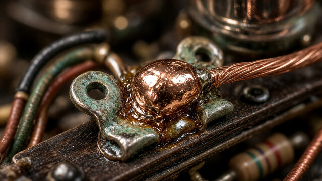 Macro view of soldered copper wire on vintage circuit. Antique electronics restoration and repair details