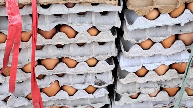 Stacked Chicken Eggs in Recycled Paper Egg Cartons with Red Plastic Straps