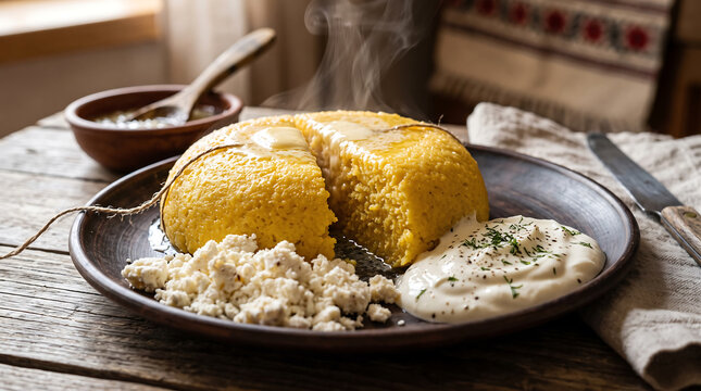 Hyper Realistic 9K Low Angle Close Up Moldovan Mamaliga with Cheese Sour Cream Food Photography