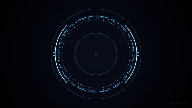 Glowing blue sci-fi circular interface element rotating with digital motion technology in this abstract animation clip