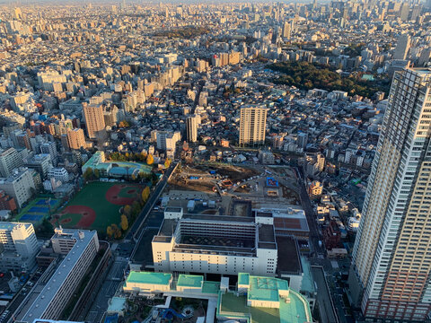 Aerial View of Tokyo Cityscape at Golden Hour Sunset, Japan