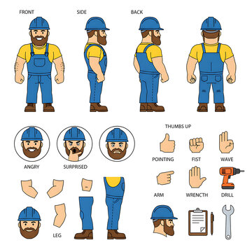 Construction Worker Character Animation Kit with Front Side and Back Views Facial Expressions Hand Gestures and Professional Tools