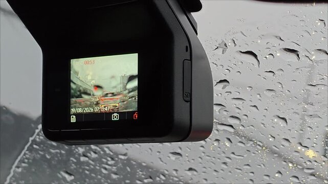 Dashcam Recording Through a Rain Covered Windshield on a Wet Road