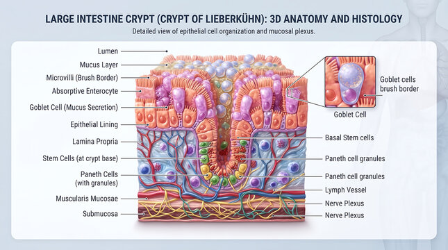 This image shows a detailed 3D model of the crypt of Lieberk&uuml;hn, revealing the arrangement of epithelial cells.