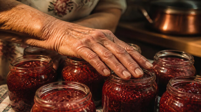 Elderly Womans Hand Sealing Jars of Homemade Raspberry Jam