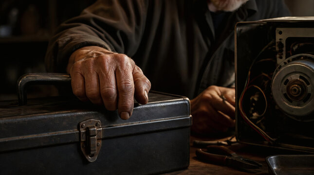 Experienced Hands Repairing Electronics with Vintage Toolbox and Tools