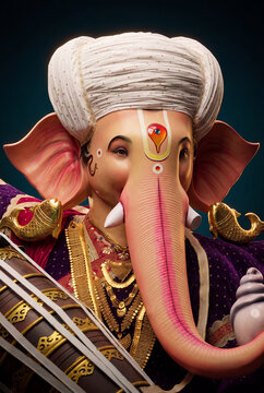 Close-up of Lord Ganesha idol with white turban, gold jewellery and purple velvet costume during Ganesh Chaturthi festival