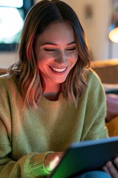 Community manager smiling at tablet in cozy home office with colorful feedback glow
