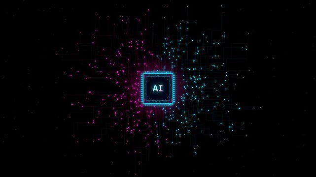 Artificial intelligence glowing microchip processing digital data motion graphics animation in a dark blue background