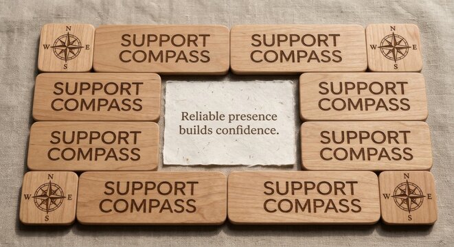Wooden Tiles Displaying "Support Compass" With Central Message of Confidence