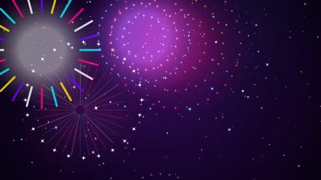 Colorful fireworks exploding in night sky digital animation showing bright light particles and motion light effects