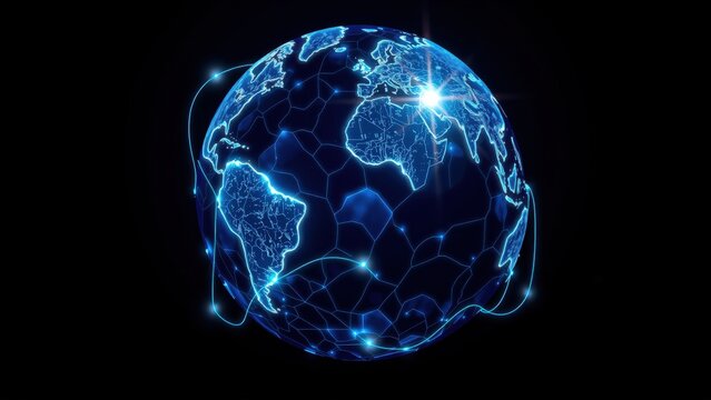 Blue globe depicts interconnected network. Bright lines highlight continents, oceans, digital world. Futuristic concept, global communication.