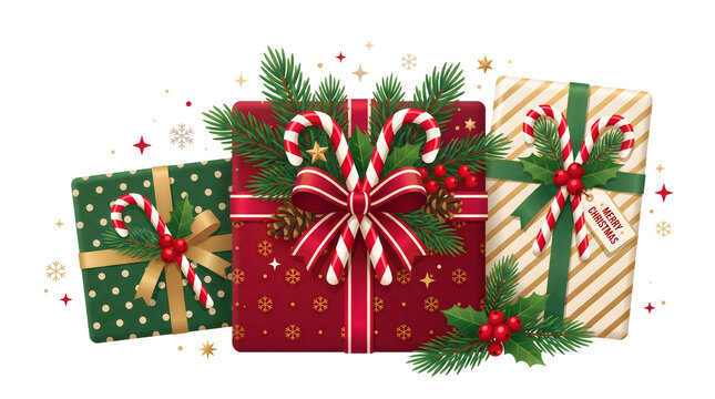 Three festive christmas gift boxes decorated with candy canes, pine branches, holly berries, and bows, isolated on white background