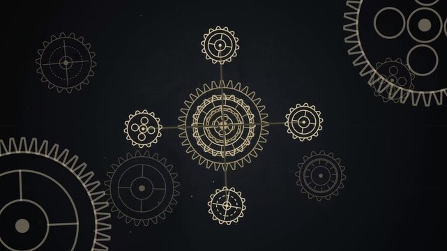Rotating mechanical gears animation: industrial engineering, technology, and innovation concept background