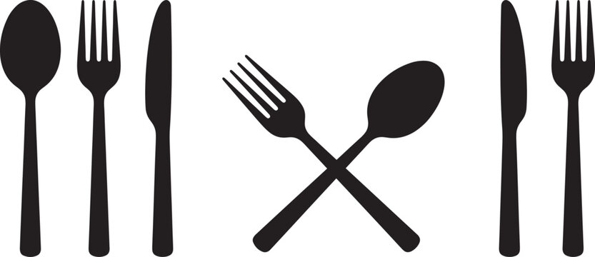 Fork, knife and spoon cutlery silhouette solid vector icon set with crossed dining utensils, isolated on a white background.