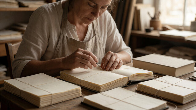 Eine Buchbinderin n&auml;ht gefaltete Papierlagen von Hand zusammen und arbeitet an einem teilweise fertigen Buch. Papier, Faden und traditionelle Werkzeuge sorgen f&uuml;r ein sehr greifbares Handwerksmotiv.