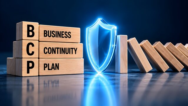 Glowing blue digital shield stopping falling dominoes to protect BCP Business Continuity Plan blocks representing risk management and crisis prevention