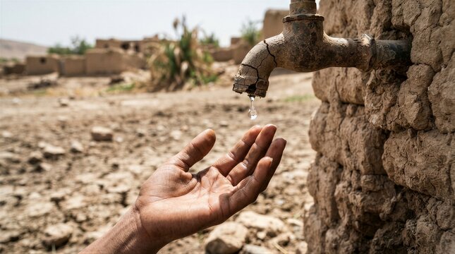 Hand collecting scarce water from cracked outdoor tap in drought