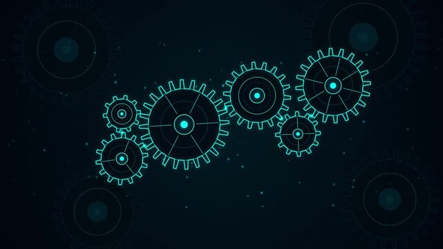 Rotating digital gear mechanism animation: futuristic technology concept for industrial automation and engineering