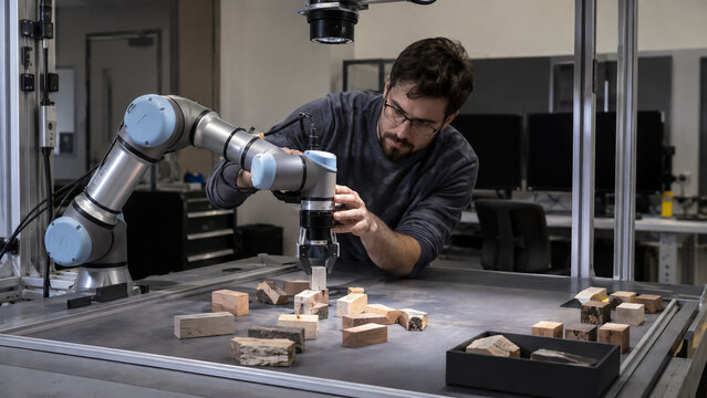 Engineer teaching robotic arm with gripper in modern automated laboratory. Concept of automation, cobot, artificial intelligence, machine learning, technology, computer vision, research.