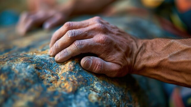 Climber's hands gripping rock hold during ascent
