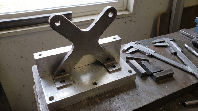 Metal bracket mounted on machining jig fixture with calipers and gauge blocks in workshop. Concept of metalworking, engineering, steel, manufacturing.