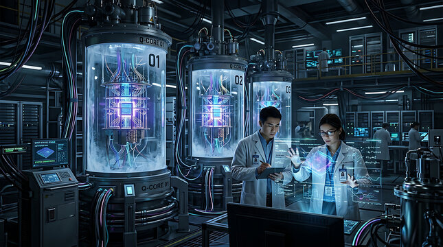 Scientists analyzing quantum computer processors in a high tech laboratory