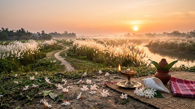 Subho Mahalaya Autumn Dawn Rural Landscape Kash Field Riverbank Puja Ritual Stock Photo.