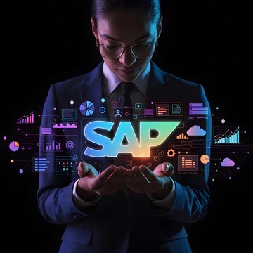 Businesswoman holding glowing sap logo with digital data visualization and analytics icons