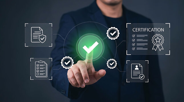 Businessman touching digital screen with certification checkmark icon